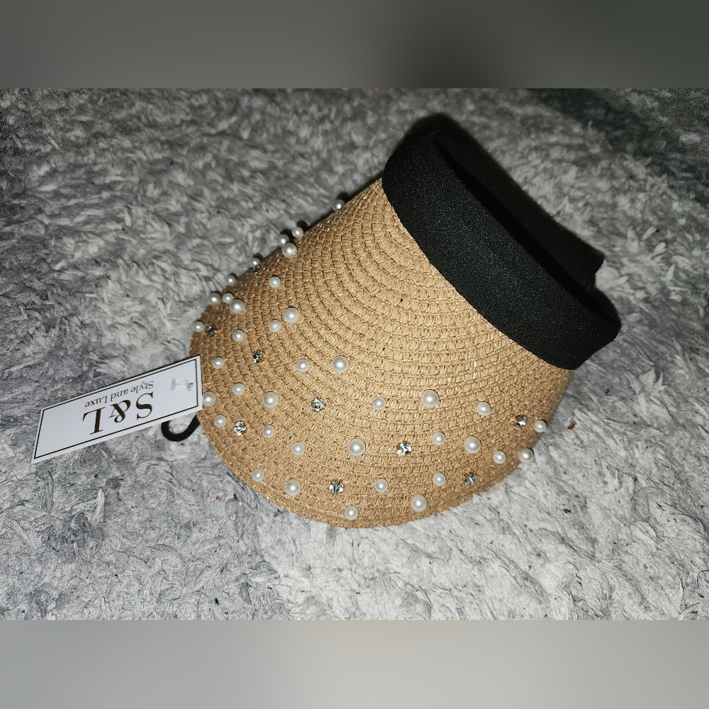 Stylish Tan and Black Visor with Pearl & Rhinsetone Accents